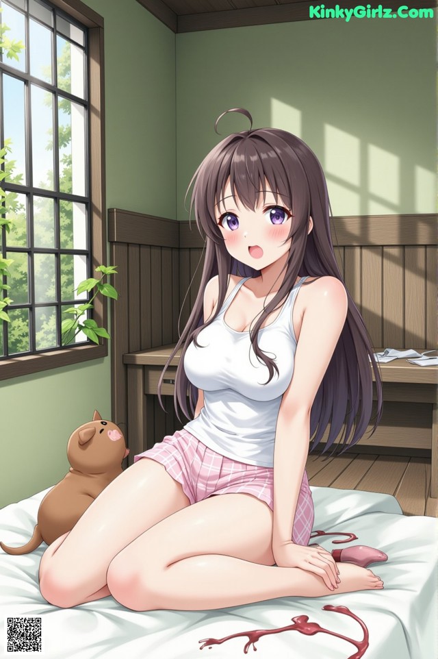 A woman sitting on a bed next to a cat.